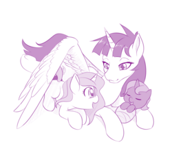 Size: 1000x880 | Tagged: safe, artist:dstears, princess celestia, princess luna, oc, oc:fausticorn, alicorn, pony, g4, alicorn oc, baby, baby luna, baby pony, cewestia, cute, female, filly, filly celestia, filly luna, foal, monochrome, mother and daughter, pink-mane celestia, simple background, sweet dreams fuel, trio, white background, woona, younger