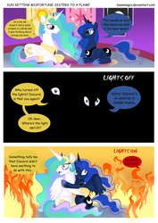 Size: 1024x1448 | Tagged: safe, artist:teammagix, princess celestia, princess luna, comic:sun setting misfortune, g4, comic, fire, offscreen character