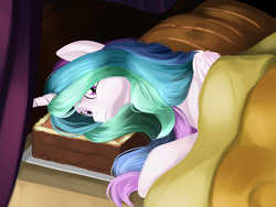 Size: 4160x3120 | Tagged: safe, artist:poecillia-gracilis19, princess celestia, alicorn, pony, g4, bed, cake, cakelestia, female, food, mare, meme, solo, sweet dreams, thousand yard stare