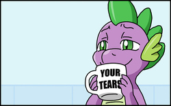 Size: 606x376 | Tagged: safe, artist:adenyne, spike, dragon, g4, bust, drinking tears, lidded eyes, male, mug, portrait, reaction image, smiling, solo, your tears are delicious