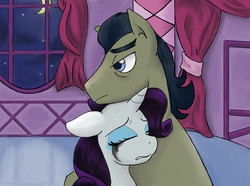 Size: 997x742 | Tagged: safe, artist:aceeternal, filthy rich, rarity, pony, unicorn, g4, adultery, carousel boutique, comforting, crack shipping, crying, female, hug, hurt/comfort, infidelity, makeup, male, night, raririch, rarity's bedroom, running makeup, shipping, straight