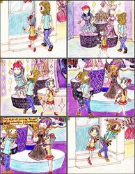 Size: 1024x1318 | Tagged: safe, artist:meiyeezhu, coco pommel, plaid stripes, zephyr breeze, flutter brutter, the saddle row review, anime, belt, black eye, bob cut, bobcut, boutique, braces, clothes, comic, concerned, dizzy, door, dress, fashion, five o'clock shadow, flower, funny, groin attack, hilarious, injured, insult, karma, man bun, manehattan, mannequin, mary janes, necktie, old master q, pants, pleated skirt, ponytail, pose, purse, rarity for you, rose, scrunchie, sexy, shirt, shoes, skirt, smiling, spoon, stars, steps, stockings, store, sweater, zettai ryouiki