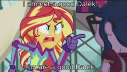 Size: 1920x1080 | Tagged: safe, edit, edited screencap, screencap, sci-twi, sunset shimmer, twilight sparkle, equestria girls, g4, my little pony equestria girls: friendship games, caption, doctor who, image macro, meme, sunset yells at twilight