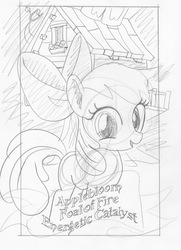Size: 1198x1654 | Tagged: safe, artist:ciaran, derpibooru exclusive, apple bloom, earth pony, pony, g4, caption, female, filly, foal, looking at you, monochrome, sketch, smiling, solo, tarot card, tarot:once upon a time, traditional art, treehouse