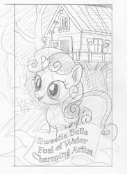 Size: 1198x1636 | Tagged: safe, artist:ciaran, derpibooru exclusive, sweetie belle, g4, caption, female, flower, monochrome, sketch, smiling, solo, tarot card, tarot:once upon a time, traditional art, treehouse