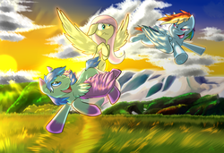 Size: 5120x3500 | Tagged: safe, artist:n-prophet, fluttershy, rainbow dash, oc, g4, flying, scenery, spread wings, underhoof