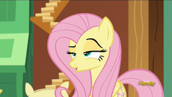 Size: 1920x1080 | Tagged: safe, screencap, fluttershy, pegasus, pony, dungeons and discords, g4, cute, female, lidded eyes, mare, open mouth, raised eyebrow, shyabetes, smug, solo