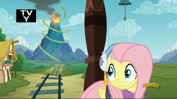 Size: 2535x1423 | Tagged: safe, screencap, fluttershy, pony, dungeons and discords, g4, discovery family logo, female, mare, solo, train tracks, tv-y, volcano