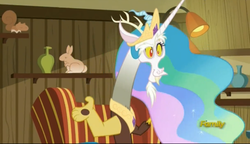 Size: 2431x1399 | Tagged: safe, screencap, discord, princess celestia, dungeons and discords, g4, discord's celestia face