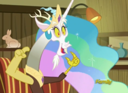 Size: 1245x905 | Tagged: safe, screencap, discord, princess celestia, dungeons and discords, g4, cropped, discord's celestia face, discovery family logo