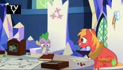 Size: 2431x1383 | Tagged: safe, screencap, big macintosh, spike, earth pony, pony, dungeons and discords, g4, dice, discovery family logo, dm screen, dungeons and dragons, male, ogres and oubliettes, stallion, tabletop game, tv-y