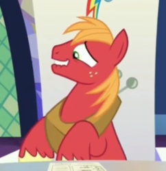 Size: 621x642 | Tagged: safe, screencap, big macintosh, earth pony, pony, dungeons and discords, g4, my little pony: friendship is magic, cropped, laughing, lip bite, male, stallion