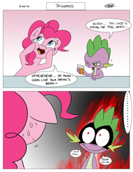 Size: 2550x3300 | Tagged: safe, artist:loreto-arts, pinkie pie, spike, dragon, earth pony, pony, g4, ..., :i, :p, comic, drink, face of evil, female, fire, floppy ears, glowing eyes, hidden eyes, high res, mare, name pun, nervous, on fire, one eye closed, open mouth, pun, rage, red eyes take warning, shivering, shrunken pupils, smiling, squishy cheeks, sweat, sweatdrop, tongue out, tranquil fury, triggered, wide eyes, wink