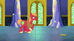 Size: 500x281 | Tagged: safe, screencap, big macintosh, spike, dragon, earth pony, pony, dungeons and discords, g4, animated, butt bump, dancing, discovery family logo, gif, happy, male, stallion