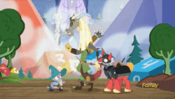 Size: 400x225 | Tagged: safe, screencap, big macintosh, discord, spike, dragon, pony, unicorn, dungeons and discords, g4, animated, captain wuzz, dancing, discovery family logo, dungeons and dragons, garbuncle, gif, male, ogres and oubliettes, race swap, sir mcbiggen, stallion, unicorn big mac