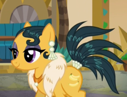 Size: 944x720 | Tagged: safe, screencap, cleopatra jazz, earth pony, pony, dungeons and discords, g4, cropped, ear piercing, earring, eyeshadow, jewelry, lidded eyes, makeup, necklace, piercing, smiling, solo, tail wrap