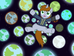 Size: 800x603 | Tagged: safe, artist:magister39, oc, oc only, oc:littlepip, pony, unicorn, fallout equestria, alternate universe, animated, butt, clothes, falling, fanfic, fanfic art, female, gif, hooves, horn, jumpsuit, mare, multiverse, open mouth, pipbuck, planet, plot, solo, space, stars, vault suit