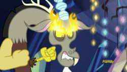 Size: 500x281 | Tagged: safe, screencap, discord, dungeons and discords, g4, angry, animated, discovery family logo, fire, furious, gif, great flaming eyebrows, male, solo, upset