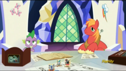 Size: 1280x720 | Tagged: safe, screencap, big macintosh, spike, earth pony, pony, dungeons and discords, g4, discovery family logo, dm screen, dungeons and dragons, male, ogres and oubliettes, stallion, tabletop game, unamused