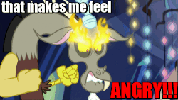 Size: 500x281 | Tagged: safe, edit, edited screencap, screencap, discord, dungeons and discords, g4, angry, animated, caption, fire, futurama, gif, great flaming eyebrows, image macro, male, meme, reaction image, red text, solo, that makes me feel angry, the devil's hands are idle playthings, twilight's castle