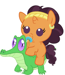 Size: 886x1017 | Tagged: safe, artist:red4567, gummy, saffron masala, pony, g4, spice up your life, baby, baby pony, cute, pacifier, ponies riding gators, riding, saffron masala riding gummy, saffronbetes, weapons-grade cute