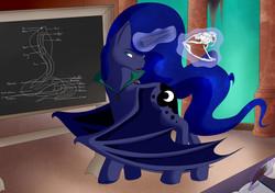 Size: 2964x2083 | Tagged: safe, artist:twigpony, princess luna, alicorn, bat pony, bat pony alicorn, pony, snake, g4, anatomy, chalkboard, classroom, female, high res, implied twilight sparkle, lunabat, magic, mare, moonbat, race swap, skull, solo, teaching, telekinesis