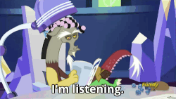 Size: 500x281 | Tagged: safe, screencap, discord, dungeons and discords, g4, animated, caption, discovery family logo, gif, hair curlers, hair dryer, magazine, reaction image, subtitles