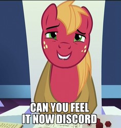 Size: 802x846 | Tagged: safe, edit, edited screencap, screencap, big macintosh, earth pony, pony, dungeons and discords, g4, caption, cute, dungeons and dragons, faic, image macro, lip bite, macabetes, male, meme, mid-life crustacean, ogres and oubliettes, out of context, smiling, smirk, spongebob squarepants, stallion, tabletop game