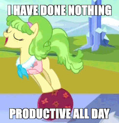 Size: 475x489 | Tagged: safe, edit, edited screencap, screencap, chickadee, ms. peachbottom, earth pony, pony, g4, games ponies play, animated, caption, cute, female, gif, i have done nothing productive all day, image macro, meme, spinning