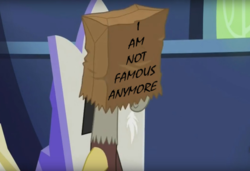 Size: 1280x878 | Tagged: safe, edit, edited screencap, screencap, discord, draconequus, dungeons and discords, g4, bag on head, male, paper bag, shia labeouf, solo