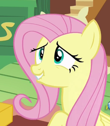 Size: 396x454 | Tagged: safe, screencap, fluttershy, pegasus, pony, dungeons and discords, g4, cute, female, lip bite, mare, raised hoof, shyabetes, smiling, solo
