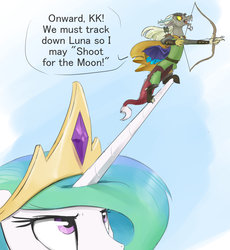 Size: 1200x1303 | Tagged: safe, artist:silfoe, discord, princess celestia, alicorn, draconequus, pony, dungeons and discords, arrow, bow (weapon), bow and arrow, captain wuzz, cay-cay, celestia is not amused, clothes, dialogue, discord being discord, duo, female, floppy ears, frown, glare, gradient background, male, mare, micro, open mouth, size difference, smiling, that was fast, trollcord, unamused, wat, weapon