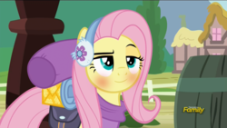 Size: 1920x1080 | Tagged: safe, edit, edited screencap, screencap, fluttershy, dungeons and discords, g4, bedroll, bedroom eyes, blushing, cute, eyebrows, faic, saddle bag, shyabetes, smiling