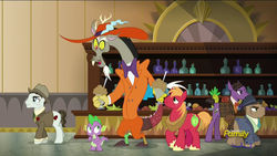 Size: 1920x1080 | Tagged: safe, screencap, big macintosh, discord, spike, earth pony, pony, dungeons and discords, g4, animation error, discovery family logo, flint carnation, male, stallion, unnamed character, unnamed pony, zoot suit
