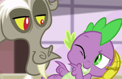 Size: 735x475 | Tagged: safe, screencap, discord, spike, dungeons and discords, g4, discovery family logo, out of context, pointing