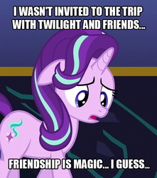 Size: 560x633 | Tagged: safe, edit, edited screencap, screencap, starlight glimmer, pony, unicorn, dungeons and discords, g4, abuse, cropped, female, floppy ears, forever alone, glimmerbuse, image macro, meme, no-showlight glimmer, sad, sadlight glimmer, solo, woobie, younger