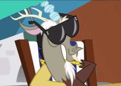 Size: 679x482 | Tagged: safe, screencap, discord, dungeons and discords, g4, animated, cold opening, eye bulging, gif, male, reaction image, shocked, smiling, solo, sunglasses, surprised, wild take