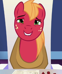 Size: 301x358 | Tagged: safe, screencap, big macintosh, earth pony, pony, dungeons and discords, g4, cute, dungeons and dragons, faic, grin, lidded eyes, lip bite, macabetes, male, ogres and oubliettes, out of context, smiling, solo, stallion, tabletop game