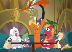 Size: 619x450 | Tagged: safe, screencap, big macintosh, discord, spike, collie, dog, earth pony, pony, pug, dungeons and discords, g4, cropped, dogs playing poker, fine art parody, male, poker, sheep dog, stallion, zoot suit