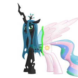 Size: 800x800 | Tagged: dead source, safe, artist:dj-rainbow-dash, princess celestia, queen chrysalis, alicorn, changeling, changeling queen, pony, g4, character to character, crown, female, jewelry, mare, regalia, simple background, solo, transformation, transparent background