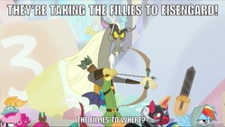 Size: 1000x564 | Tagged: safe, edit, edited screencap, screencap, big macintosh, discord, pinkie pie, rainbow dash, earth pony, pony, unicorn, dungeons and discords, g4, bard pie, captain wuzz, caption, dialogue, dungeons and dragons, image macro, legolas, lord of the rings, male, meme, ogres and oubliettes, parsnip, race swap, rainbow rogue, sir mcbiggen, stallion, they're taking the hobbits to isengard, unicorn big mac