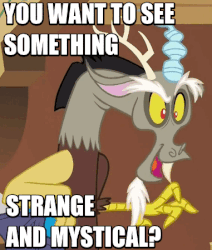 Size: 381x450 | Tagged: safe, edit, edited screencap, screencap, discord, dungeons and discords, g4, my little pony: friendship is magic, animated, caption, ear flick, freakazoid, gif, image macro, male, meme, solo