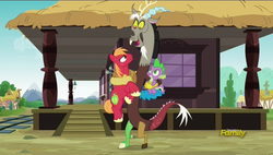 Size: 1920x1090 | Tagged: safe, screencap, big macintosh, discord, spike, dragon, earth pony, pony, dungeons and discords, g4, my little pony: friendship is magic, holding a pony, male, stallion, train station