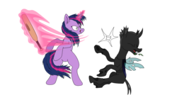 Size: 1920x1080 | Tagged: safe, artist:klystron2010, twilight sparkle, changeling, fanfic:hard reset, g4, baseball bat, blood, duo, fanfic art, glowing horn, green blood, home run, horn, magic, telekinesis