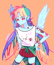 Size: 663x801 | Tagged: safe, artist:dusty-munji, rainbow dash, human, g4, bracelet, clothes, female, humanized, jewelry, pigtails, pleated skirt, pony coloring, simple background, skirt, socks, solo, tank top, tattoo, twintails, winged humanization, wings, zettai ryouiki