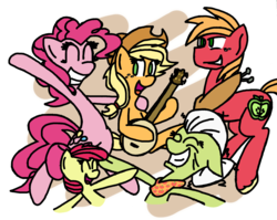 Size: 2447x1944 | Tagged: safe, artist:toothpastethy, apple bloom, applejack, big macintosh, granny smith, pinkie pie, earth pony, pony, g4, pinkie apple pie, apple family, apples to the core, banjo, eyes closed, male, musical instrument, open mouth, stallion