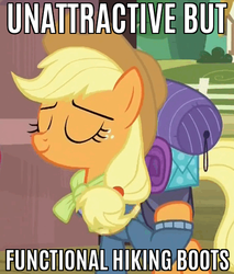 Size: 449x526 | Tagged: safe, edit, edited screencap, screencap, applejack, dungeons and discords, g4, caption, female, meme, solo, text