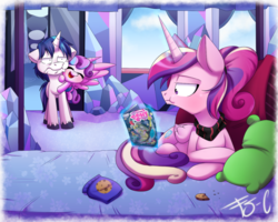 Size: 800x640 | Tagged: safe, artist:fj-c, idw, princess cadance, princess flurry heart, shining armor, g4, clothes, comic, comic cover, scarf