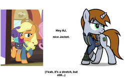 Size: 780x490 | Tagged: safe, applejack, oc, oc:littlepip, earth pony, pony, unicorn, fallout equestria, dungeons and discords, g4, clothes, comparison, fanfic, fanfic art, female, horn, jumpsuit, mare, pipbuck, vault suit