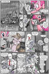 Size: 1266x1920 | Tagged: safe, artist:pencils, limestone pie, marble pie, pinkie pie, spike, oc, oc:anon, oc:mascara maroon, dragon, earth pony, human, pony, comic:anon's pie adventure, g4, :t, angry, bandage, bipedal, blood, blushing, butt touch, cartoon physics, comic, continuity, cross-popping veins, eyes closed, female, floppy ears, frown, glare, grin, gritted teeth, hind legs, holding a pony, hoof on butt, human male, kneeling, male, mare, open mouth, pinkie being pinkie, pinkie physics, pulling, pushing, rain, rump push, shy, smiling, stuck, wet, wet mane